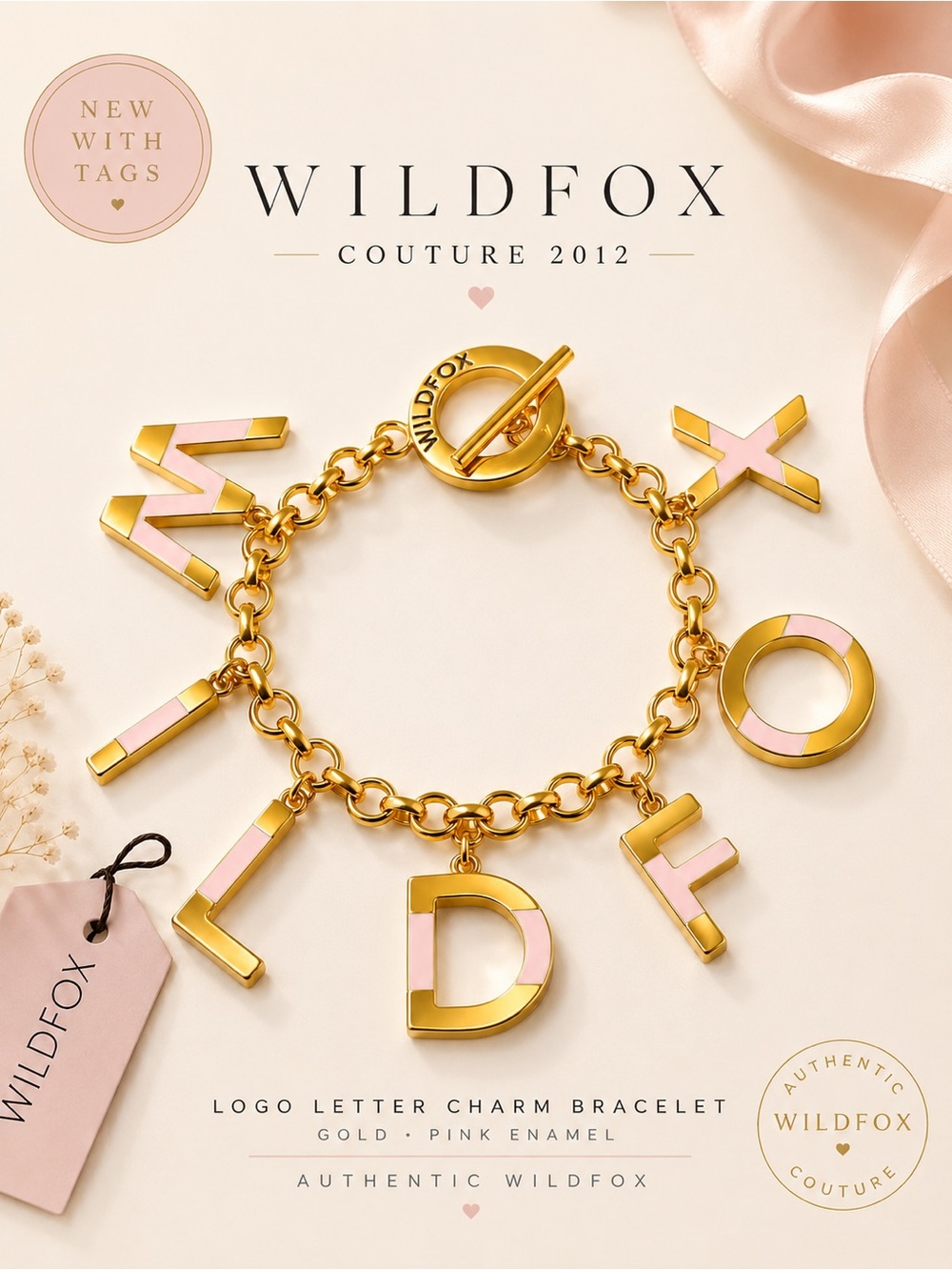 Wildfox Logo Letter Charm Bracelet Gold Pink Enamel NWT Y2K 2012 Rare